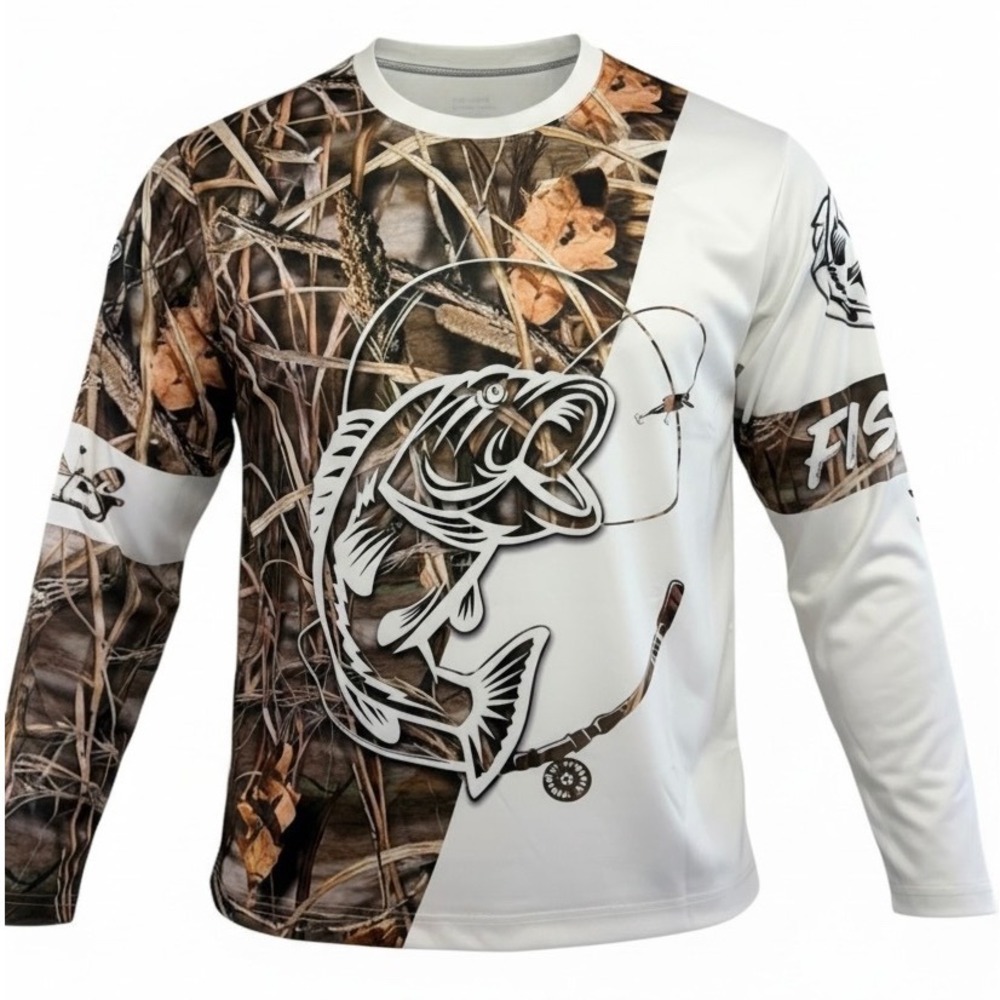 Zootop Bear Mens Large Fishing Shirt Camo Bass Graphic Long Sleeve (A32)
